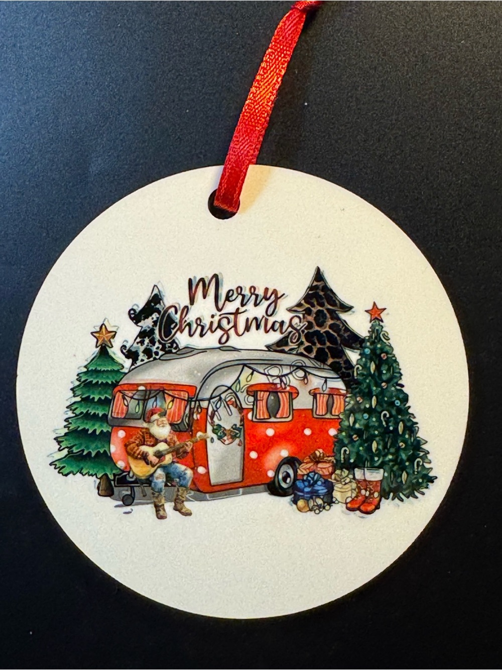 Merry Christmas Camper RV Santa Multicolor Round Wooden Holiday Ornament New